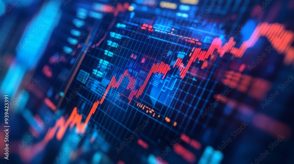Detailed view of a stock market graph with rising and falling trends, accompanied by investment notes Detailed view of a stock market graph with rising and falling trends, accompanied by investment notes