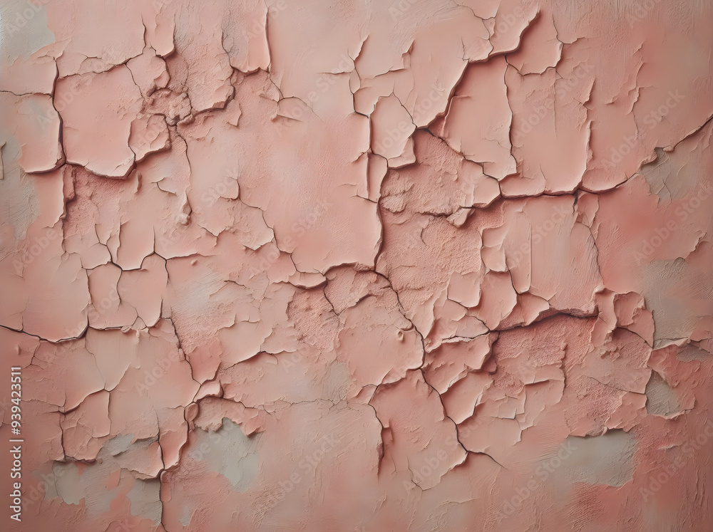 Naklejka premium A pink wall with cracks and uneven surfaces reveals a weathered and natural appearance