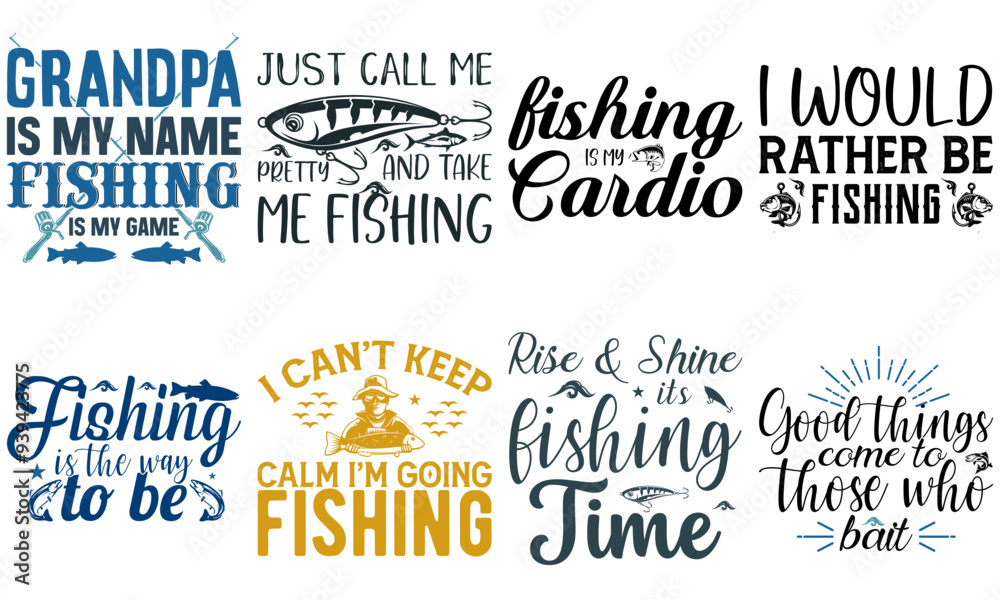 Fototapeta premium Modern Fishing Phrases, Typographic Emblems Bundle Vector Illustration for Flyer, Logo, Gift Card