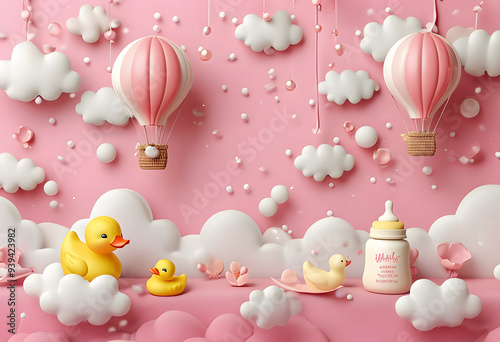 Baby theme background with hot air balloon, baby bottle, rubber duck and clouds on pink background photo