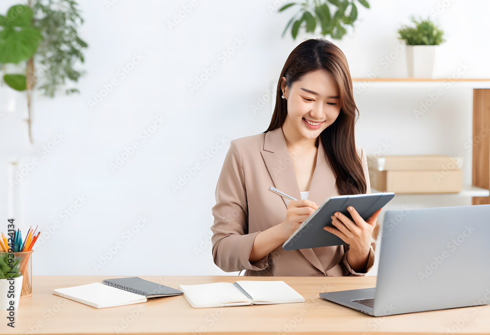 Cheerful Asian businesswoman smiling while working using laptop and tablet to interact with customer Cheerful Asian businesswoman smiling while working using laptop and tablet to interact with customer