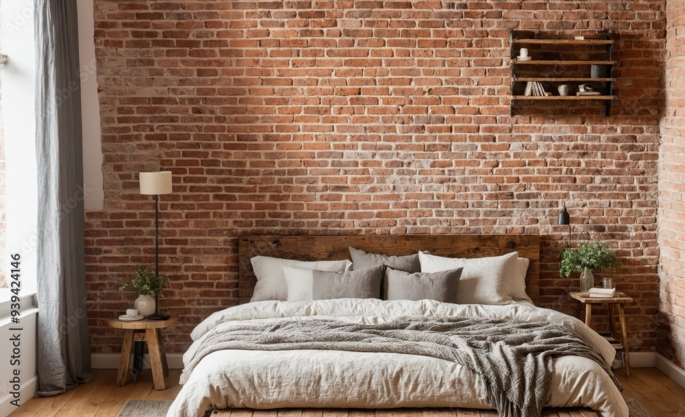 Naklejka premium Rustic Bedroom with Exposed Brick Wall and Cozy Bedding