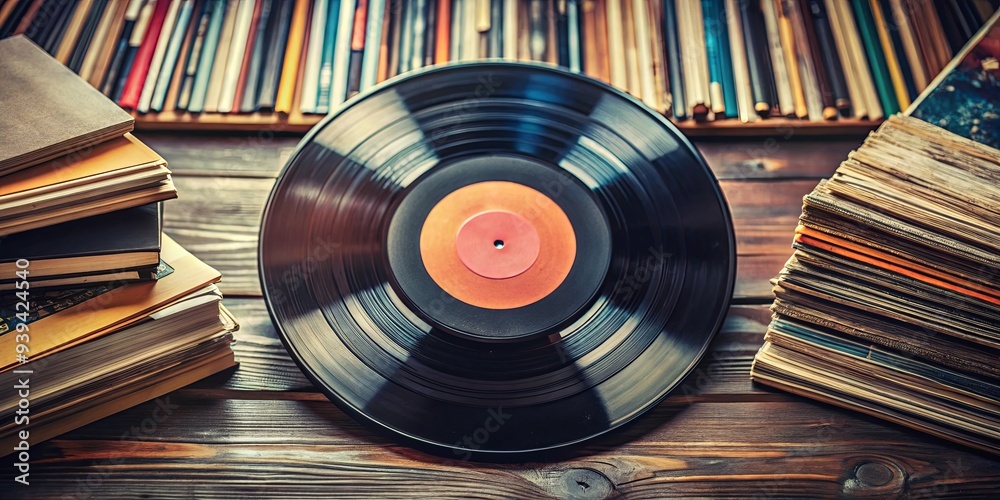 Fototapeta premium Vintage vinyl record surrounded by a collection of classic albums representing a nostalgic music concept retro