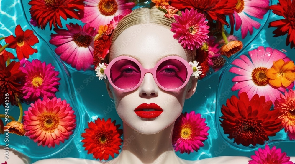 A woman relaxes in a tranquil pool, adorned with colorful flowers. Her striking pink sunglasses and bold red lips create a playful contrast against the serene blue water, embracing summer vibes A woman relaxes in a tranquil pool, adorned with colorful flowers. Her striking pink sunglasses and bold red lips create a playful contrast against the serene blue water, embracing summer vibes