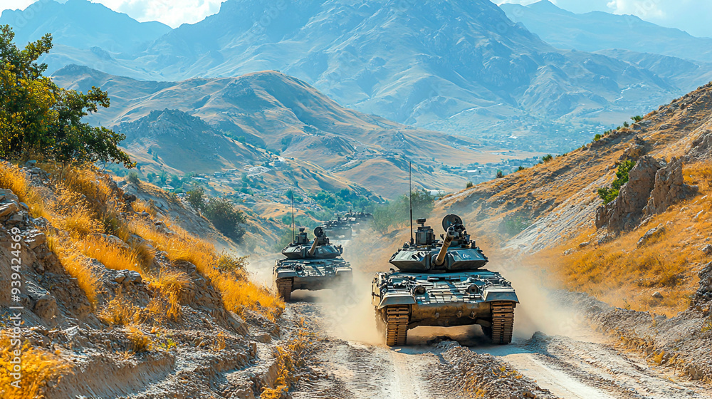 Futuristic Convoy of Autonomous Tanks Maneuvering Through Rough Terrain with Satellite Link Connection Futuristic Convoy of Autonomous Tanks Maneuvering Through Rough Terrain with Satellite Link Connection