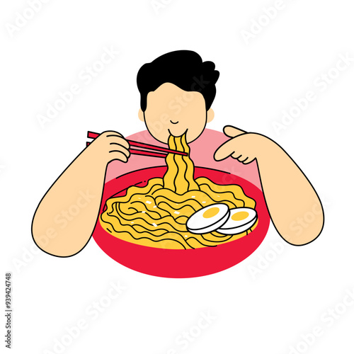 Illustration of man people eating ramen udon or noodle, japanese and korean favorite food