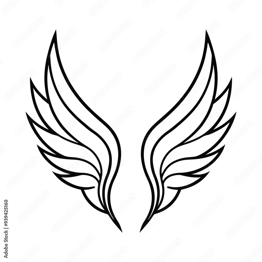 Elegant vector illustration of detailed stylized wings, ideal for tattoos, logos, and artistic designs. Elegant vector illustration of detailed stylized wings, ideal for tattoos, logos, and artistic designs.