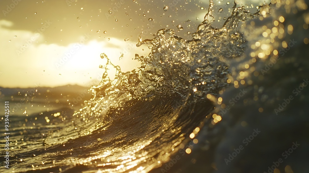 Obraz premium Dramatic Breaking Wave in Slow Motion with Glistening Sunlit Droplets