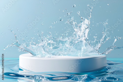 water splash swirl for product presentation, round podium with water splash on light blue background 3d render of cosmetic product presentation mockup, Product podium for ads or banner.
