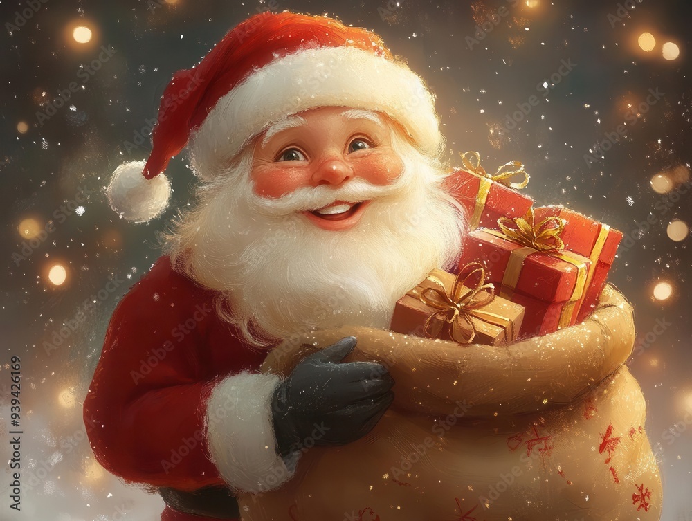 jolly santa claus with overflowing sack of presents twinkling lights background rosy cheeks and warm smile classic holiday illustration style jolly santa claus with overflowing sack of presents twinkling lights background rosy cheeks and warm smile classic holiday illustration style