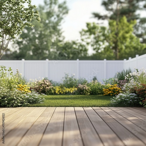 Backyard with wooden flooring, garden with white fence on background