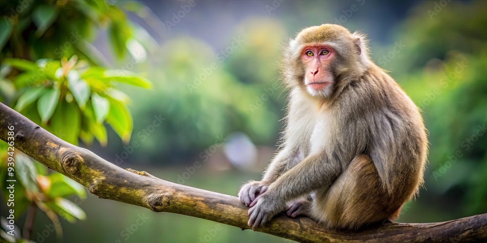 Japanese macaque sitting peacefully on a tree branch in nature, wildlife primate in Japan Japanese macaque sitting peacefully on a tree branch in nature, wildlife primate in Japan