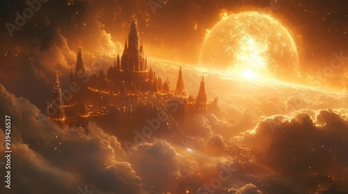 majestic celestial palace atop misty mount olympus gleaming golden architecture with ethereal light surrounded by swirling clouds and mythical creatures