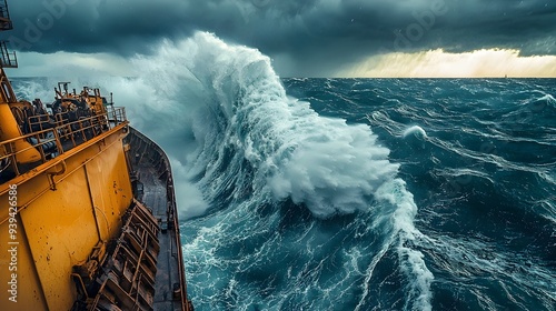 Fototapeta Naklejka Na Ścianę i Meble -  Powerful Rogue Wave Crashing into Cargo Ship During Stormy Seas