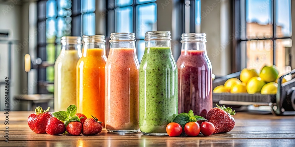 Healthy smoothie bottles with fresh fruit in a gym setting