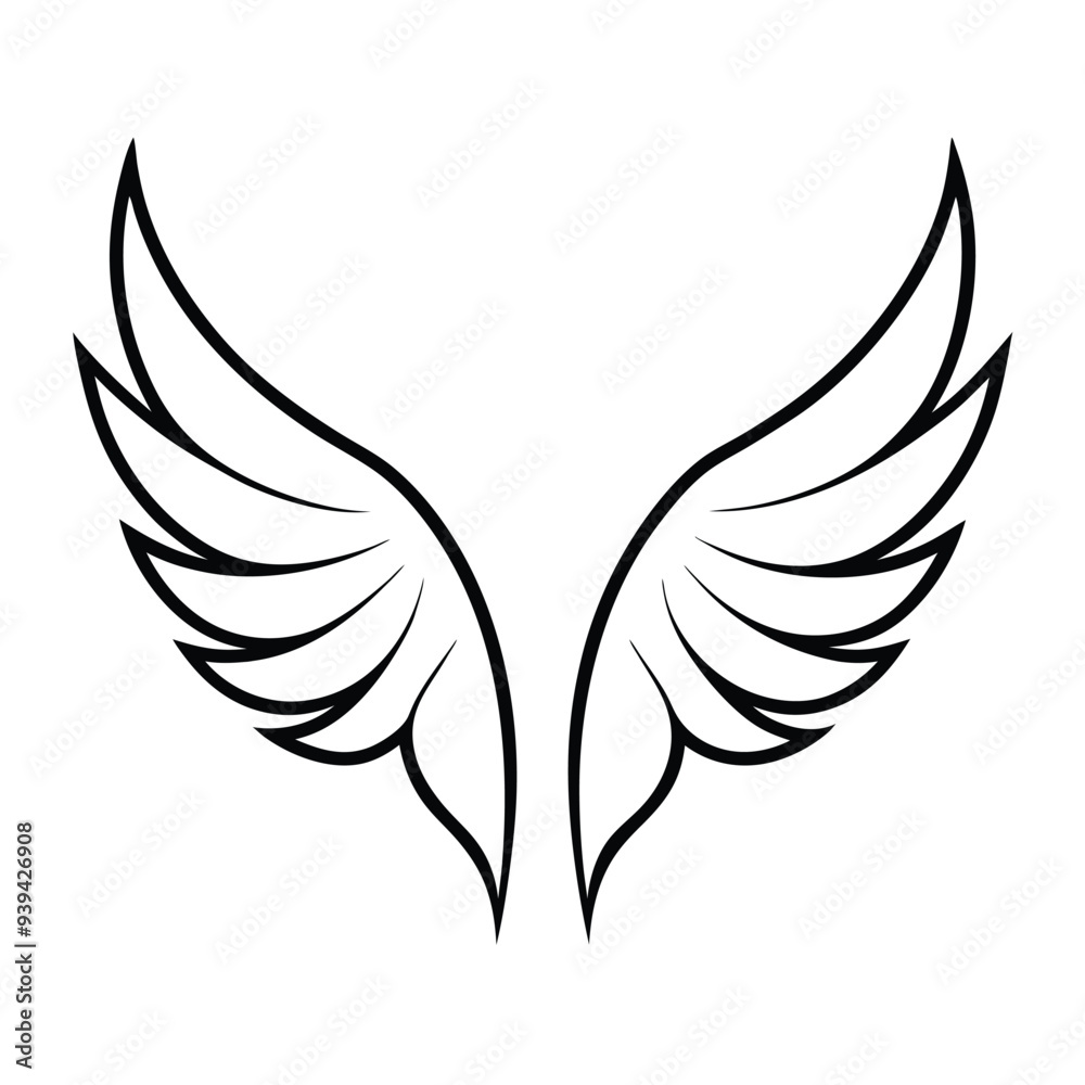 Elegant vector illustration of detailed stylized wings, ideal for tattoos, logos, and artistic designs. Elegant vector illustration of detailed stylized wings, ideal for tattoos, logos, and artistic designs.