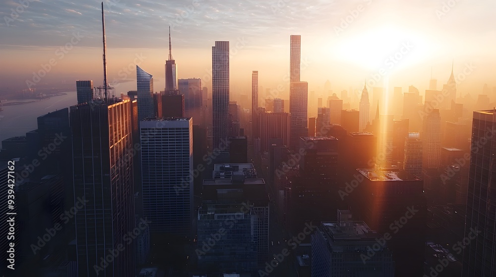 Breathtaking Aerial View of Vibrant City Skyline at Magical Sunrise Moment