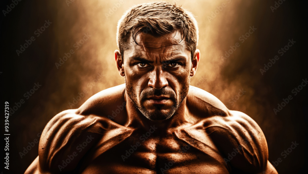 Strong athletic man showing muscular body with copy space banner concept Strong athletic man showing muscular body with copy space banner concept