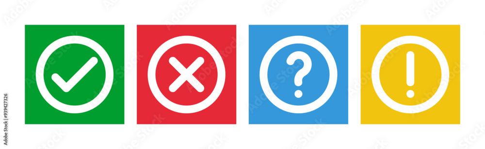 green check and red cross symbols, blue question mark and yellow exclamation point, round thin line vector signs, solid circle icons set green check and red cross symbols, blue question mark and yellow exclamation point, round thin line vector signs, solid circle icons set