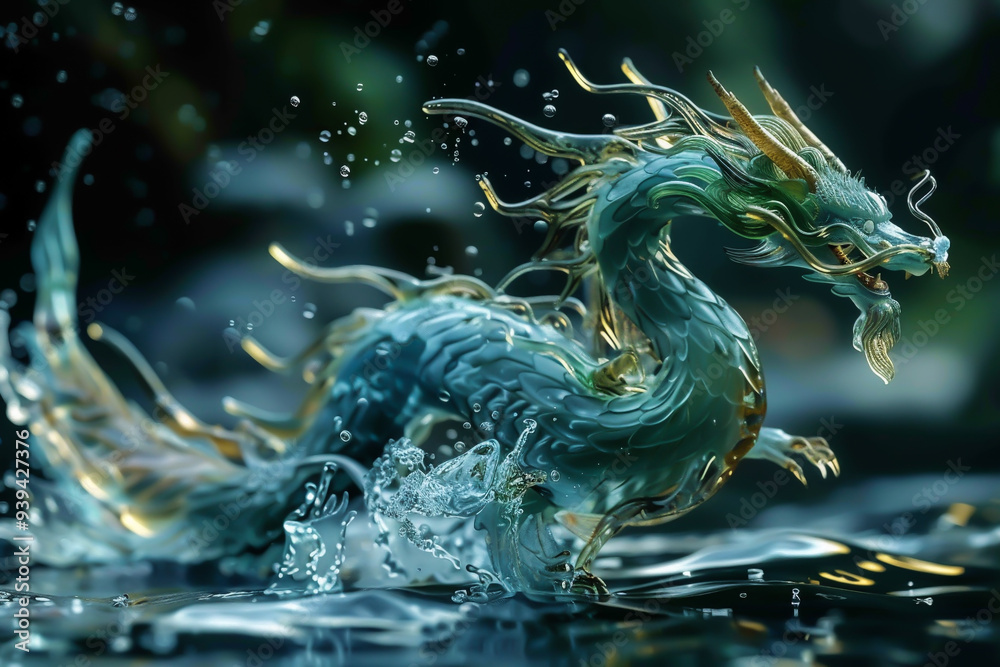 Majestic dragon emerging from water, detailed fantasy creature in dynamic pose with splashing effect. Majestic dragon emerging from water, detailed fantasy creature in dynamic pose with splashing effect.