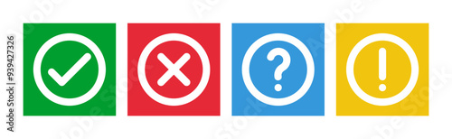 green check and red cross symbols, blue question mark and yellow exclamation point, round thin line vector signs, solid circle icons set