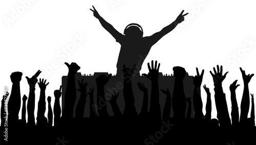 Dj playing music for party people cheering, silhouette. Vector illustration