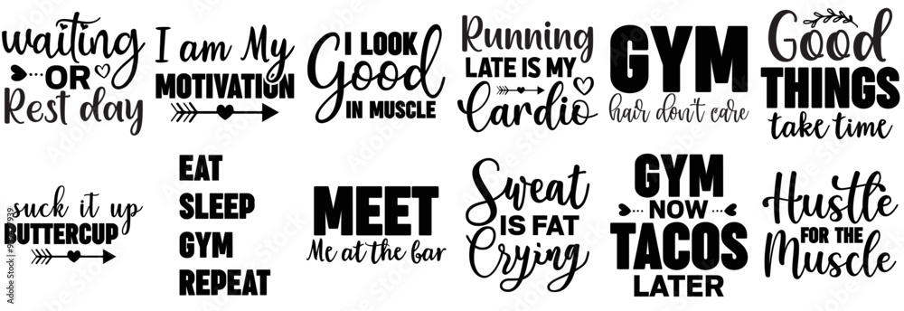 Fototapeta premium Simple Workout Labels And Badges, Trendy Retro Style Illustration Bundle Vector Illustration for Social Media Post, Poster, Postcard