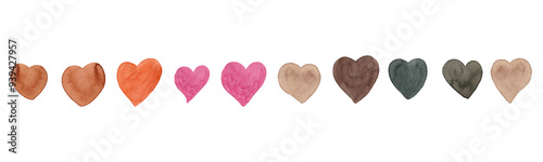 Watercolor hearts border. Isolated hearts for your design