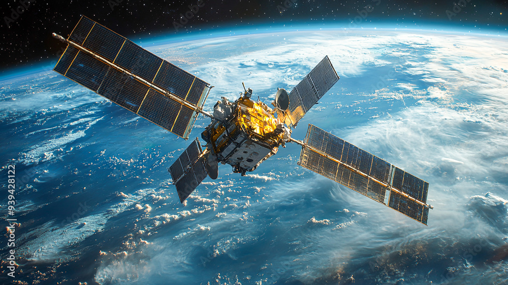 Futuristic Military Satellite Deployment with Solar Panels in Space Orbit, Earth in Background Futuristic Military Satellite Deployment with Solar Panels in Space Orbit, Earth in Background