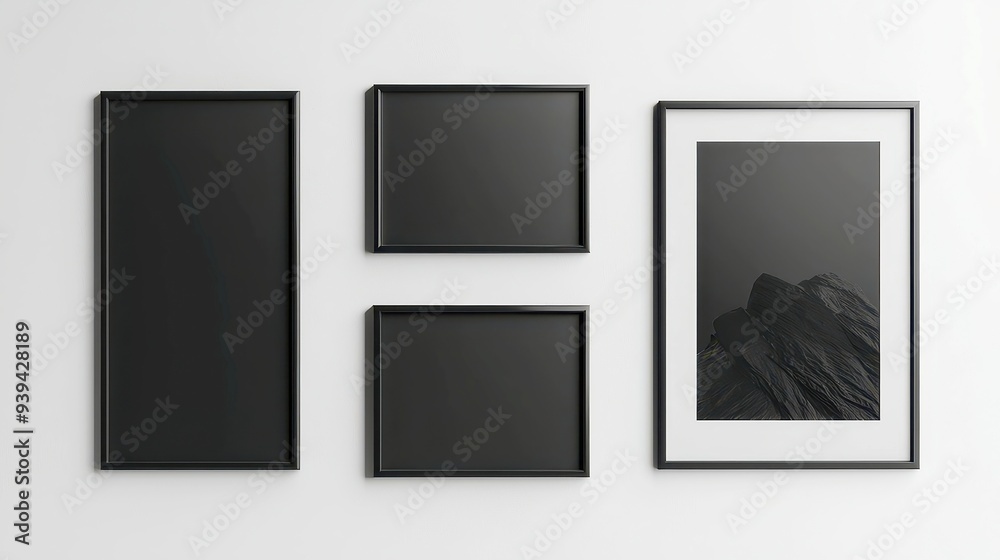 Elegant black wooden frames arranged on a pristine white backdrop, showcasing a minimalist interior decor style, perfect for displaying cherished memories in any space.
