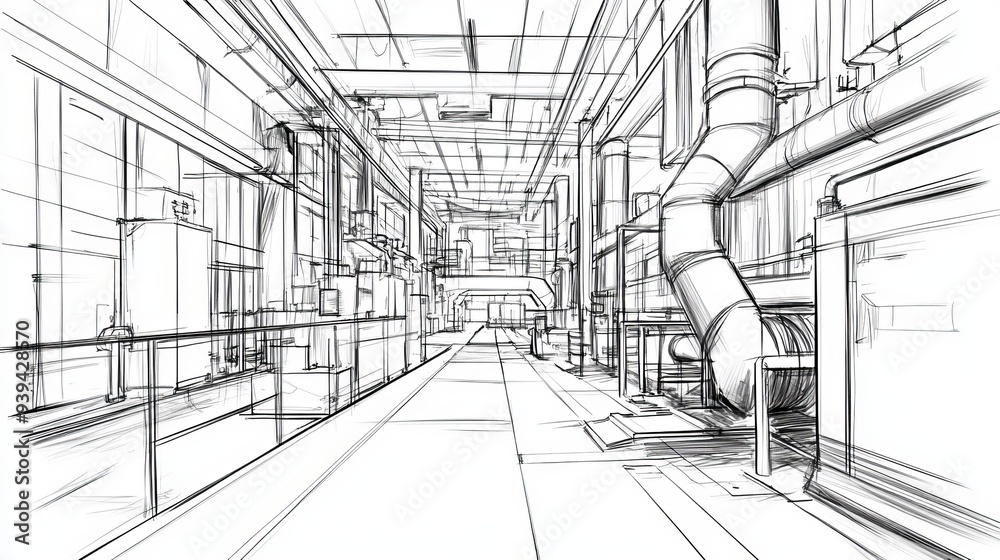 Graphic black and white sketch of a factory interior presented as a vector illustration Graphic black and white sketch of a factory interior presented as a vector illustration