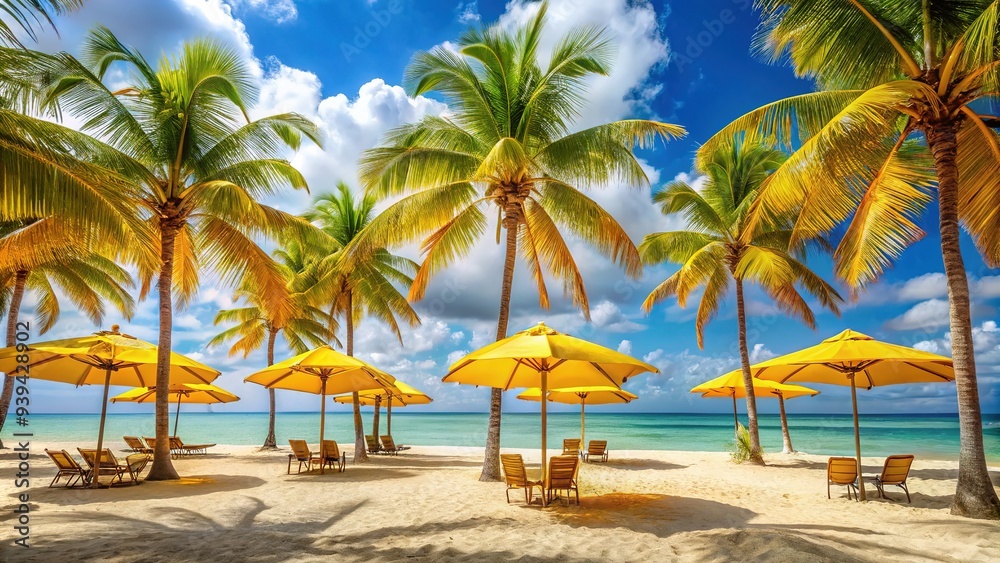 Bright yellow palm trunks stretch towards cerulean skies, dotted with colorful beach umbrellas, radiating cheerful energy and playful vibes that define the carefree summer atmosphere. Bright yellow palm trunks stretch towards cerulean skies, dotted with colorful beach umbrellas, radiating cheerful energy and playful vibes that define the carefree summer atmosphere.