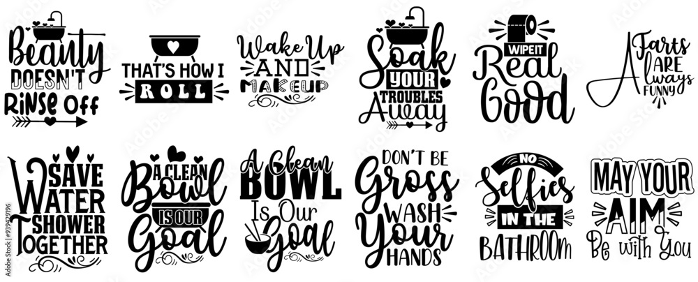 Minimal Bathroom Quotes, Calligraphic Lettering Pack Vector Illustration for Holiday Cards, Bookmark, Sticker Minimal Bathroom Quotes, Calligraphic Lettering Pack Vector Illustration for Holiday Cards, Bookmark, Sticker