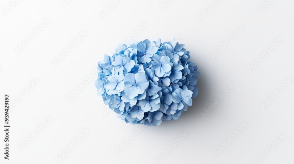 A 3D single icon of a blue hydrangea flower cluster with detailed petals and a rounded shape rendered in a simple style. The icon is set against a white background A 3D single icon of a blue hydrangea flower cluster with detailed petals and a rounded shape rendered in a simple style. The icon is set against a white background
