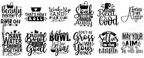 Minimal Bathroom Quotes, Calligraphic Lettering Pack Vector Illustration for Holiday Cards, Bookmark, Sticker