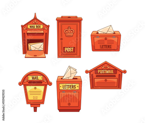 Set Of British Mailboxes With Various Traditional Designs, Some Containing Letters, Representing Classic Postal Services