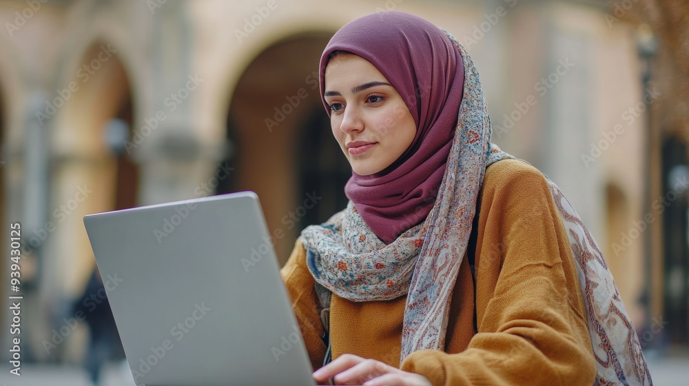 Confident young woman in hijab working on laptop outdoors in a modern courtyard setting Confident young woman in hijab working on laptop outdoors in a modern courtyard setting