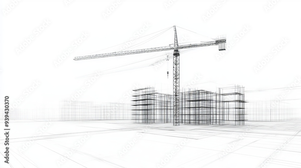 Line sketch of an underconstruction site with a tower crane presented as a 3D illustration of architectural engineering Line sketch of an underconstruction site with a tower crane presented as a 3D illustration of architectural engineering