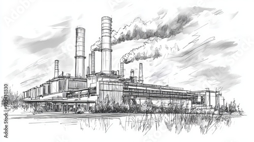 Ink sketch of a large landscape cogeneration power station highlighting the combination of heat and power production