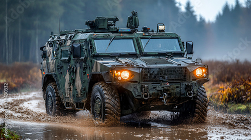 Advanced Military Vehicle with Electronic Countermeasures Safeguarding a Convoy