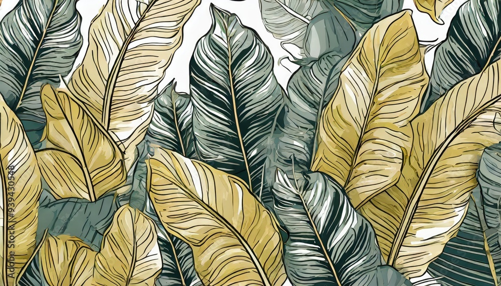 Golden tropical leaves wallpaper, Luxury nature leaf design, golden leaf lines Golden tropical leaves wallpaper, Luxury nature leaf design, golden leaf lines