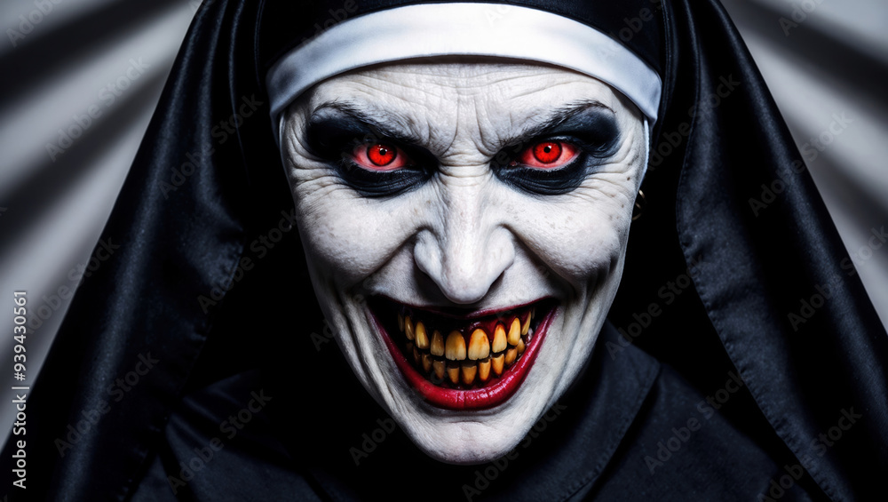 Scary nun smiling showing her red eyes and teeth Scary nun smiling showing her red eyes and teeth