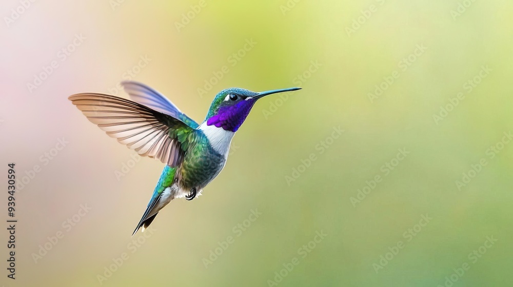 Obraz premium A hummingbird in flight with a blurred yellow background.