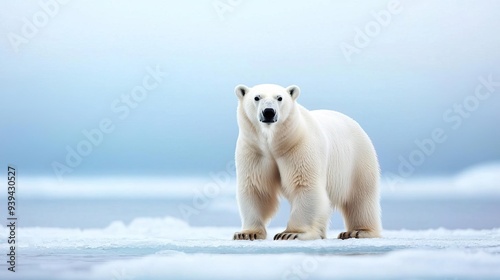 A polar bear stands on a snowy landscape, looking towards the camera.