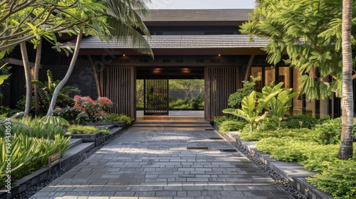 Modern architectural entrance featuring lush, well-maintained vegetation and a serene atmosphere that exudes peace and elegance.