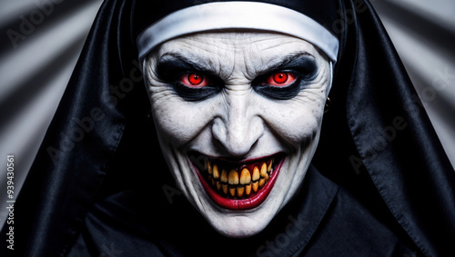 Scary nun smiling showing her red eyes and teeth