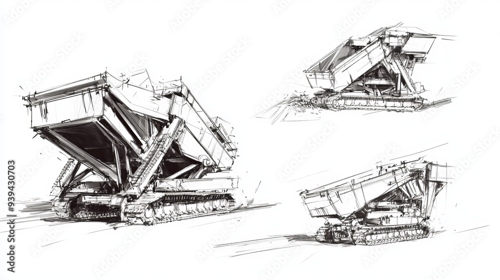 Set of black and white sketches depicting a tracked incline screener and a mobile crushing plant Set of black and white sketches depicting a tracked incline screener and a mobile crushing plant