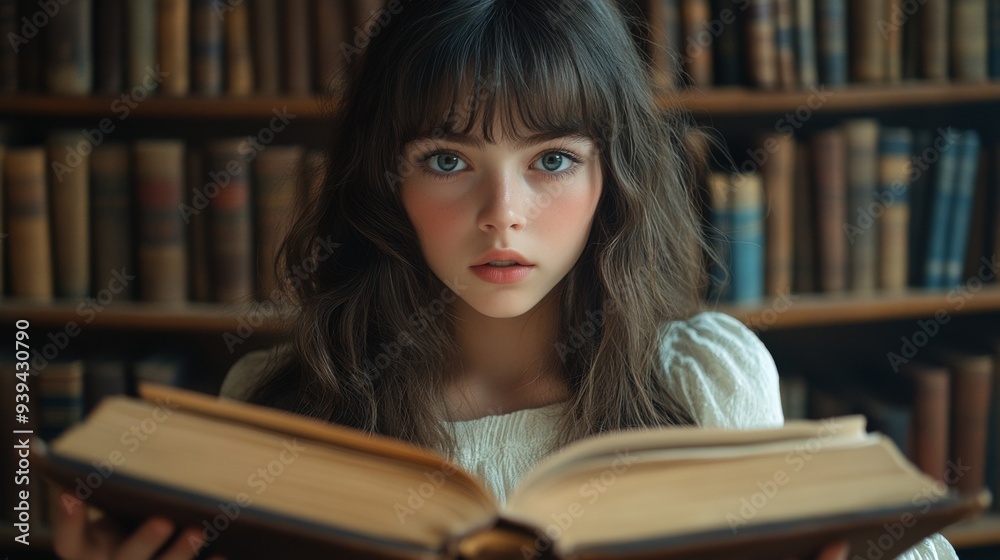 Portrait of a young woman holding a large open book in a cozy, vintage library, with shelves of old books in the background Portrait of a young woman holding a large open book in a cozy, vintage library, with shelves of old books in the background