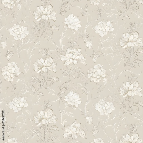 French vintage damask pattern. Delicate white floral seamless design. Hand-drawn home decor wallpaper. Classic farmhouse print Generative AI