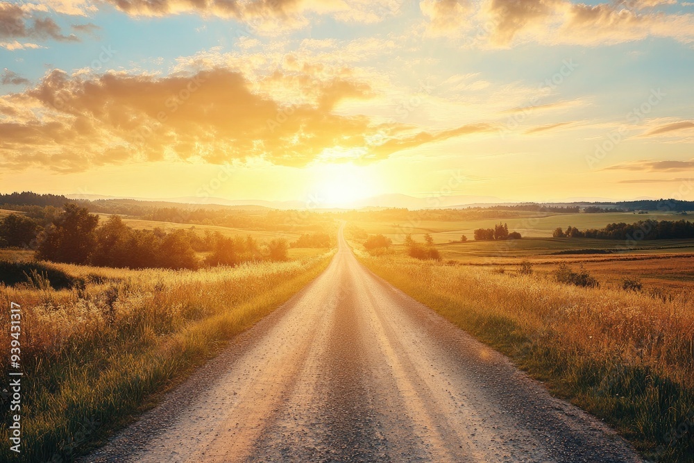 A serene countryside road leading into a vibrant sunset, surrounded by fields and gentle hills, evoking peace and adventure. A serene countryside road leading into a vibrant sunset, surrounded by fields and gentle hills, evoking peace and adventure.